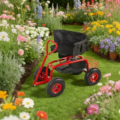 Kinfant Garden Seat with Ergonomic Backrest – Rolling Garden Stool with Height Adjustable & 360° Swivel Seat with Wheels, Gardening Cart Bench, Tool Storage, for Yard, Patio Red - color: With Backrest-red