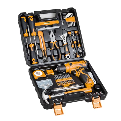 Tool Set - Tool Kit with 8V Cordless Drill, 132 Piece Tool Box with Drill, Home Tool Kits for Men & Women, Hand Drill Set Perfect for Homeowner, Diyer, Handyman-Yellow - color: Yellow