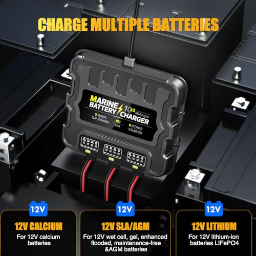 3 Bank Marine Battery Charger 30A (10A/Bank) 10X3, 12V,Waterproof,lifepo4 Boat Battery Charger Maintainer and Desulfator for AGM, Lithium,Deep-Cycle Batteries Boat Accessories - size: 3 Bank(30A)
