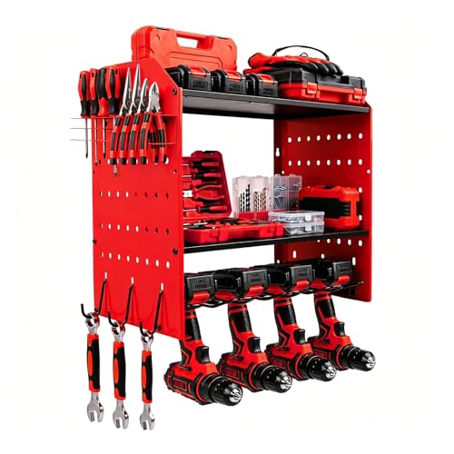 Power Tool Organizer Wall Mount, Cordless Drill Holder | 200lb Capacity 3 Layer Heavy Duty Storage Rack with 4 Drill Holders and 2 Storage Shelves for Garage and Workshop - color: Red-4tier