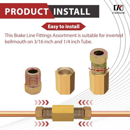 24 PCS 1/4"-Brake Line Fittings Kits 24 Threads Brake Line Fittings Assortment Kits for 1/4" Brake Line Tube Includes 8 PCS Unions 16 PCS Nuts - size: For 1/4" Tube