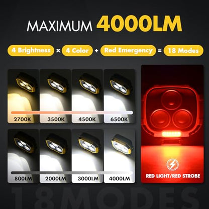 Rechargeable Work Light, 4000LM Magnetic LED Work Light | 6000mAh Magnetic Light, IP65 Waterproof, Emergency Flashlight, 30H Runtime, Portable Light for Mechanics, Car Repair(Yellow) - size: 1 Pack