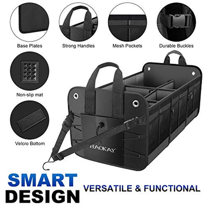 HAOKAY Collapsible Trunk Organizer with Insulated Leakproof Cooler Bag,Removable Lid,Adjustable Securing Straps,3 Compartments 5 in 1 Trunk Organizer for SUV,Truck,Sedan Jeep （95L - size: 3 Compartments with Cooler