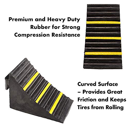 2 Pack Black Heavy Duty Extra Large Solid Rubber Wheel Chock with Portable Handle for Travel Trailer, Truck, Commercial Vehicle and RV, 9.5 Inches x 6 Inches x 7 Inches
