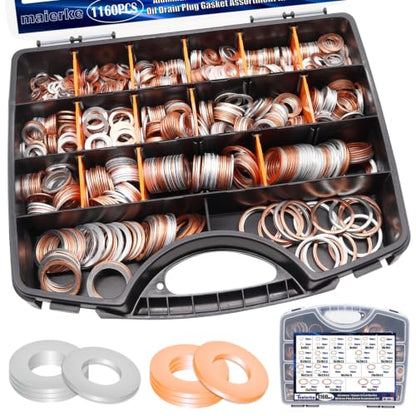 1160PCS Crush Washer Oil Drain Plug,18 Sizes Copper and Aluminum Oil Drain Plug Gasket Assortment,Automotive Engine Crush Washers (M6 M8 M10 M12 M14 M16 M18 M20 M22 M24) - size: 1160PCS (M6-M24)