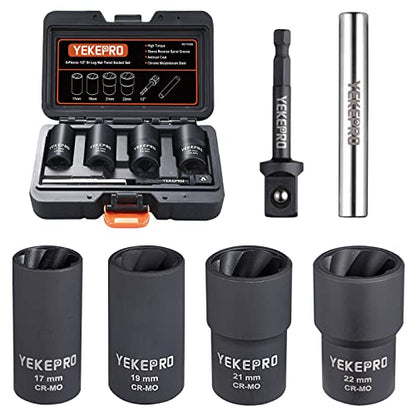6PCS Lug Nut Removal Tool, 1/2 Inch Bolt Extractor Set | Impact twist socket set, 17,19,21,22mm wheel lock removal kit for removing damaged, frozen, nuts & screws, Cr-Mo steel - size: 6-Piece Twist Socket Set
