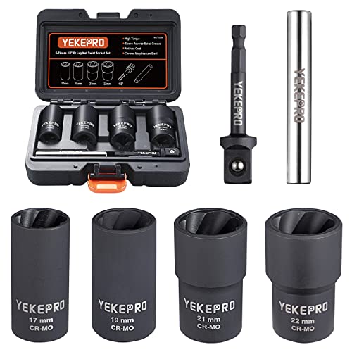 6PCS Lug Nut Removal Tool, 1/2 Inch Bolt Extractor Set | Impact twist socket set, 17,19,21,22mm wheel lock removal kit for removing damaged, frozen, nuts & screws, Cr-Mo steel - size: 6-Piece Twist Socket Set