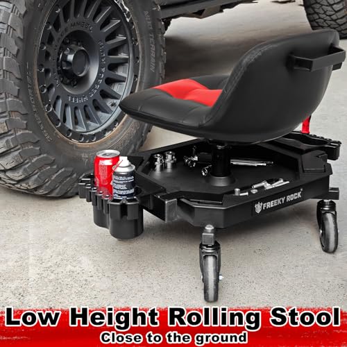 Rolling Stool with Wheels, Adjustable Height Pneumatic Garage Work Mechanic Stool Seat with Backrest, 400 LBS Capacity 360° Swivel Mechanic Crepper Chair with Tool Tray Storage, Red - color: Red