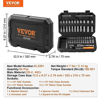 VEVOR Socket Set, 1/4 Inch Drive Socket and Ratchet Set, 6-Point Socket Opening, 54 Pieces Tool Set SAE and Metric, Deep and Standard Sockets, 5/32-9/16 in, 4-14 mm, with Accessories, Storage Case - size: 1/4", style: 54 PCS