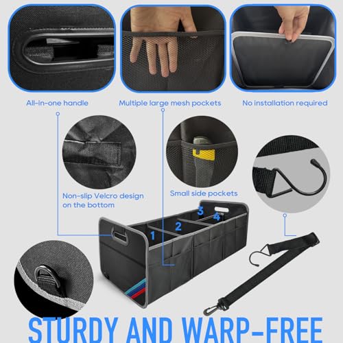 XL Car Trunk Organizer, 4 Compartments, 94L Capacity, Oxford Polyester 600D Material, Easy Fold and Store, Prevents Sliding | Rugged & waterproof large storage box. Features 94L capacity, 6 large mesh pockets & non-slip base for SUV, garage, camping - siz