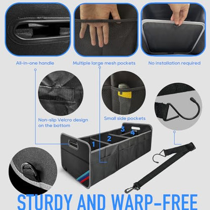 XL Car Trunk Organizer, 4 Compartments, 94L Capacity, Oxford Polyester 600D Material, Easy Fold and Store, Prevents Sliding | Rugged & waterproof large storage box. Features 94L capacity, 6 large mesh pockets & non-slip base for SUV, garage, camping - siz