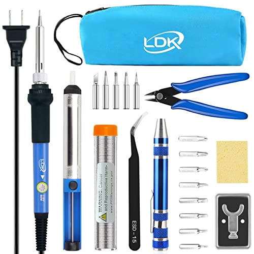 LDK Electric Soldering Iron Kit 60W Adjustable Temperature Welding Tools with 5pcs Different Tips, Desoldering Pump, Solder Wire, 8-in-1 Screwdrivers, Wire Cutter, Tweezers, Stand and Carry Bag - color: 60w 15-in-1