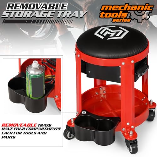 M-AUTO Rolling Workshop Mechanic Stool Creeper Seats with Tool Storage Drawers and Can Holders, 300LbS Garage Rolling Toolbox Stool with Wheels, Work Rolling Stools for Shop or Garage, Red