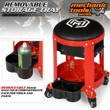 M-AUTO Rolling Workshop Mechanic Stool Creeper Seats with Tool Storage Drawers and Can Holders, 300LbS Garage Rolling Toolbox Stool with Wheels, Work Rolling Stools for Shop or Garage, Red
