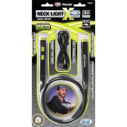 Performance Tool W2687 400+LM Li-Ion Neck Light: 2 Flex Adjustable Lighted Ends, Spotlight and Multi-Color Ambient Modes, 650mAH, 3 Hour Operation, 19.5-in Length, USB-C, Hands-Free, Black | Two flexible lighted ends with spotlight and multi-color modes,