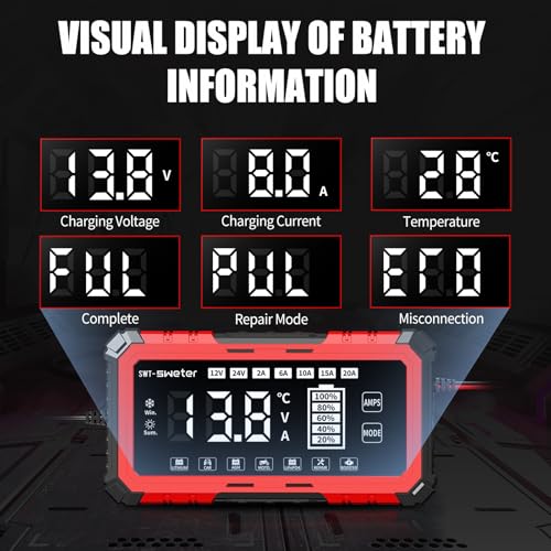 20A Smart Car Battery Charger & 12V/24V Maintainer with 200s Booster -Adjustable Amp Trickle Charger for Lead-Acid, AGM, Gel, LiFePO4 Compatible with 12.6V Lithium-Ion (NMC)