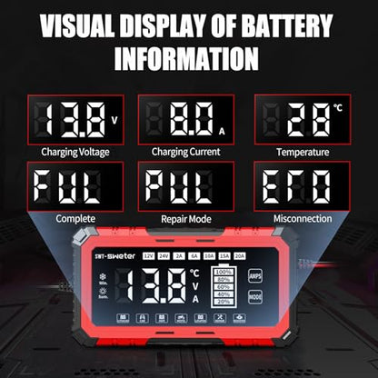 20A Smart Car Battery Charger & 12V/24V Maintainer with 200s Booster -Adjustable Amp Trickle Charger for Lead-Acid, AGM, Gel, LiFePO4 Compatible with 12.6V Lithium-Ion (NMC)