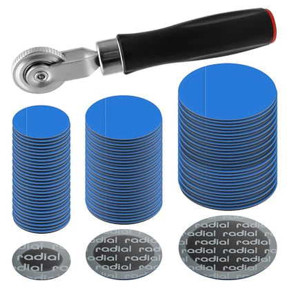 91 Pack Heavy Duty Tire Puncture Repair Kit | Comprehensive tire patch set with roller tool, multiple patch sizes 32mm 42mm 58mm, suitable for bike motorcycle car truck in