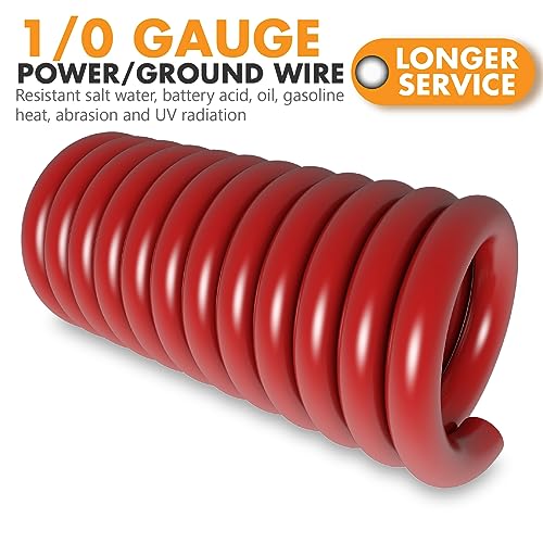 Jeemiter 1/0 Gauge Wire CCA Copper Clad Aluminum (20FT Red) - Battery Cable,Power/Ground Cable for Car Amplifier,Big 3 Upgrade,Auto with Lug Terminal Connectors & 3:1Heat Shrink Tubing - size: 20FT Red