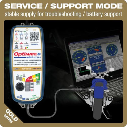 OptiMate6 Select v2 Gold Series: 6A 12V Automatic Battery Saving Charger, Tester & 24-7 Maintainer with Ampmatic & Temp Regulated smart Control & Lead-Acid, AGM & Lithium Battery Modes & Service Mode