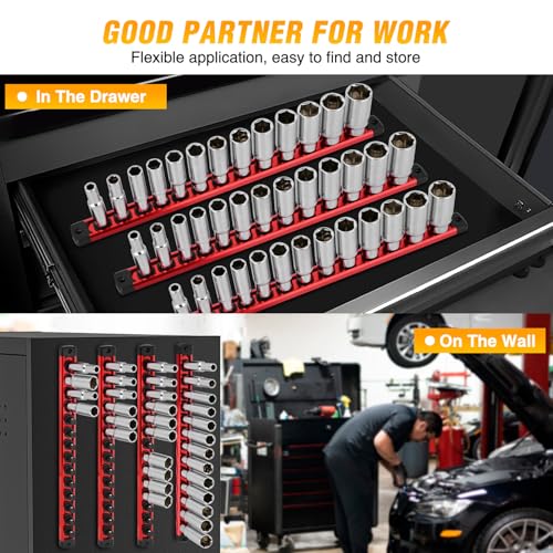 GOOACC Magnetic Socket Organizer 3/8 Inch Socket Holder with 14 360° Swivel Clips Heavy Duty Aluminum Socket Rail Organizer for Tool Box Drawer, Red 1 Piece 3/8" Drive Magnetic Socket Rails Holders - size: Rail Magnetic 1PC 3/8" Red