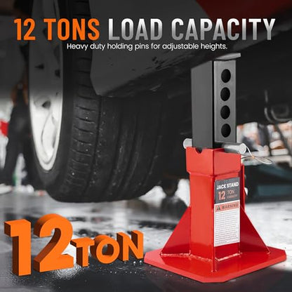 12 Ton Jack Stands, Heavy Duty Jack Stand for Cars and Truck, Low Profile Steel Jack Stands Set of 2, 26,400 lbs Jackstands with Lock and Adjustable Height, Red - size: 12 Ton