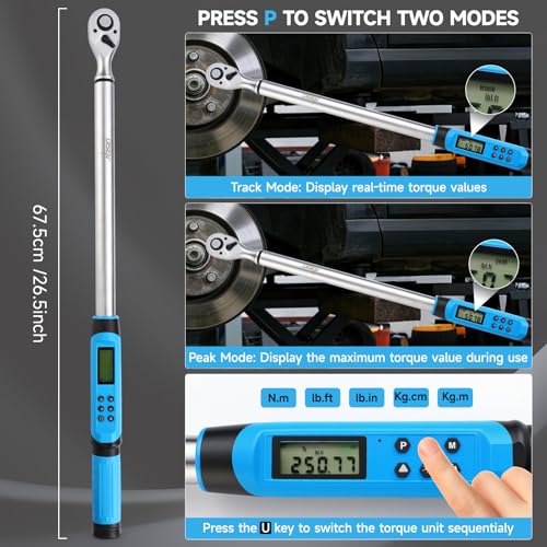 DISEN 1/2 inch Digital Torque Wrench (17-340 N.m / 12.5-250.8 Ft.lb), ±2% Accuracy, 4 Modes with Adjustable Limits, Blue/Red Alarm & Buzzer, 5 Units, for Automotive Motorcycle Bicycle Repair - size: 1/2 inch