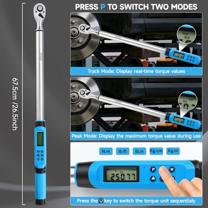 DISEN 1/2 inch Digital Torque Wrench (17-340 N.m / 12.5-250.8 Ft.lb), ±2% Accuracy, 4 Modes with Adjustable Limits, Blue/Red Alarm & Buzzer, 5 Units, for Automotive Motorcycle Bicycle Repair - size: 1/2 inch