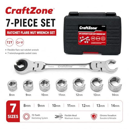 7-in-1 Ratcheting Open Flex-Head Wrench Set, Metric 8-14mm, 72-Tooth Gear, CR-V Steel, Durable Tool Box, Gift for Handyman
