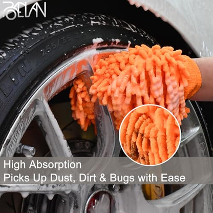 Wheel Brush and Car Wash Mitts Set, 3 PCS Car Cleaning Kit, 17 Inch Soft Bristle Wheel Cleaner Brush with 2 Microfiber car Wash Mitts, Scratch-Free Rim Tire Detailing Brush for Wheels, Tires, Rims