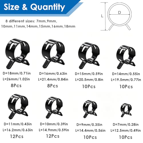 Tnisesm 80Pcs Spring Band Hose Clamps Assortment kits Silicone Vacuum Hose Pipe Clamp 7mm 9mm 10mm 11mm 14mm 15mm 16mm 18mm Low Pressure Air Clip Clamp(Black) - size: 80Pcs - 8 Sizes