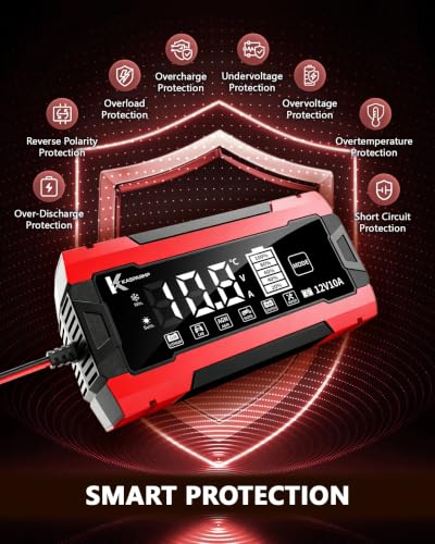 12V 10A Smart Battery Charger for Car and Motorcycle Battery Maintainer & Trickle Charger with Pulse Repair LCD Display Temperature Compensation for AGM Gel SLA Deep Cycle Lead Acid Batteries - color: Red-Black