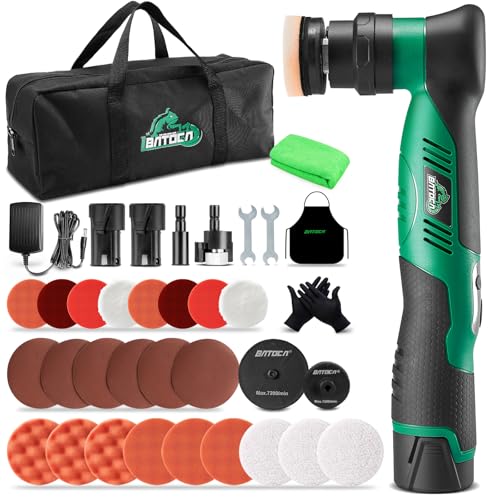 BATOCA S5 Cordless Mini Car Polisher Buffer Sander Rotary & Dual Action | Small Polishing Machine Orbital 1 Inch 3 Inch Polishing Pads Kit for Car Detailing 2x 2.0Ah Batteries 6 Speeds 2000-5500RPM - color: Green
