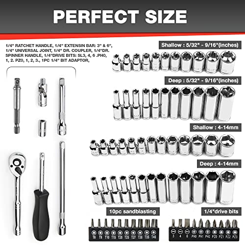 EACELIY 75pcs 1/4" Drive Impact Socket Set, Master Socket Set,Wrench Set with 1/4" Bit Adapter, Universal Joint, Ratchet, 1/4 "Drive Bit Set Extension (5/32" - 9/16 ", 4-14mm) - size: 75PCS 1/4inch