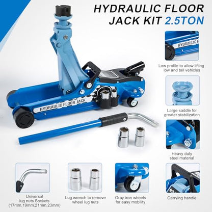 Floor Jack Kit 2.5 Ton (5,500 lbs) | Car Jack - Hydraulic Low Profile Trolley Jack - Tire Tool for SUV and Auto with Lug Wrench Blue - color: Blue