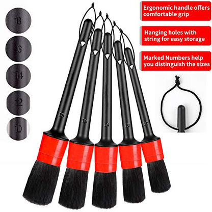 Detailing Brush Set - 10 Pcs Detail Brushes Car Detailing, Auto Boar Hair Car Detailing Kit for Cleaning Interior Exterior - Vehicles Wheels Leather Engine Dashboard - color: Car Detail Brushes Black+red