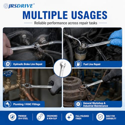 5 Pcs Flare Nut Wrench Set Metric 6x8, 10x11, 13x14, 15x17, 19x21mm CRV Line Wrench Set for Brake Line, Fuel, HVAC & Plumbing | Professional Mechanic Tools & Automotive Wrench Set E-2104