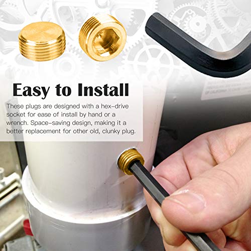 16Pcs 5 Sizes Brass NPT Plug Assortment Kit, 1/8" 1/4" 3/8" 1/2" 3/4" Internal Hex Counter Sunk Pipe Fitting Male Thread Pipe Plug Set