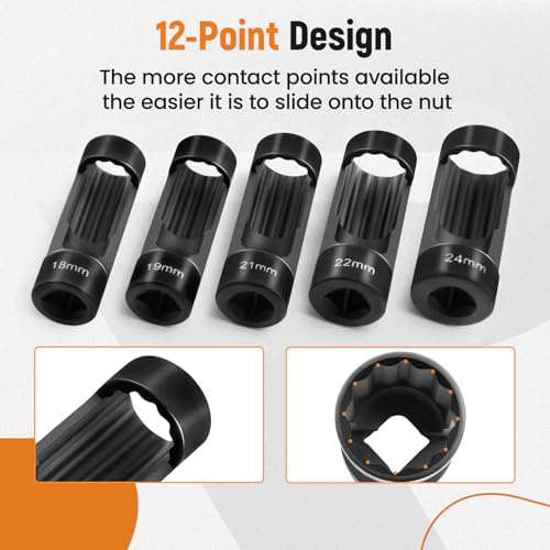 maXpeedingrods 5 PCS Strut Nut Socket Set 18mm 19mm 21mm 22mm 24mm | 12 Point 1/2" Drive Suspension Strut Nut Socket Tool for Hex Wrench - style: 5 Pcs