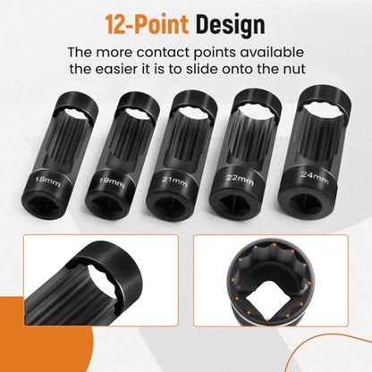 maXpeedingrods 5 PCS Strut Nut Socket Set 18mm 19mm 21mm 22mm 24mm | 12 Point 1/2" Drive Suspension Strut Nut Socket Tool for Hex Wrench - style: 5 Pcs