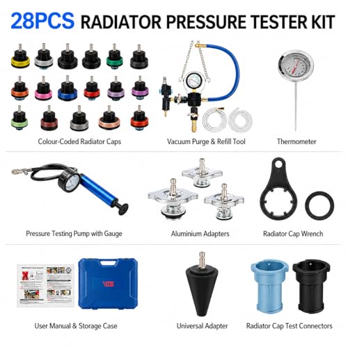 28PCS Coolant Pressure Tester & Vacuum Refill Kit, Radiator Pump Pressure Tester Kit for Automotive Cooling System Water Tank Leakage Detection, Fits Most Vehicles, Cars, SUVs, and Trucks