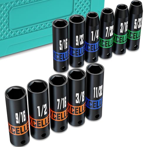11 Piece 1/4-Inch Drive Impact Socket Set, 5/32" - 9/16" Deep Sockets, 6 Point SAE Sockets for Automotive Repair, Equipment Maintenance - size: 1/4 Inch SAE Deep