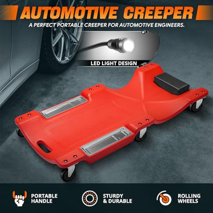 40" Low-Profile Plastic Rolling Mechanic's Floor Creeper with Built-in LED Light, Cushioned Headrest, Dual-Compartment Tool Trays, and Casters CAAP-TOLS-CRP-T2-40-RD