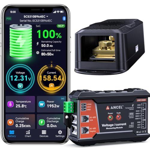 ANCEL BM1000 Bluetooth Battery Monitor with 400A Smart Shunt, 10-120V Capacity Meter for LiFePO4, Lithium, AGM & Lead-Acid Banks, SOC Voltage Current App for RV, Marine, Solar - color: Grey