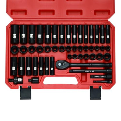 Mayouko 3/8” Drive Impact Socket Set, 50-Piece Standard SAE(5/16”-3/4”) and Metric Size(8-22mm), Deep & Shallow, 6 Point, CR-V, 72-Tooth Ratchet Wrench Handle, Extension Bars, Universal Joint