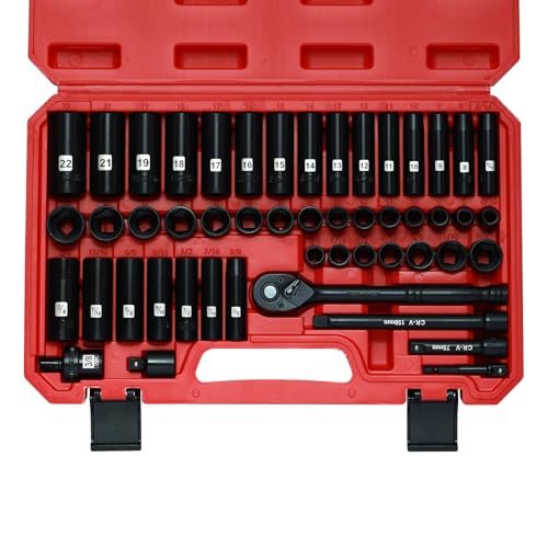 Mayouko 3/8” Drive Impact Socket Set, 50-Piece Standard SAE(5/16”-3/4”) and Metric Size(8-22mm), Deep & Shallow, 6 Point, CR-V, 72-Tooth Ratchet Wrench Handle, Extension Bars, Universal Joint