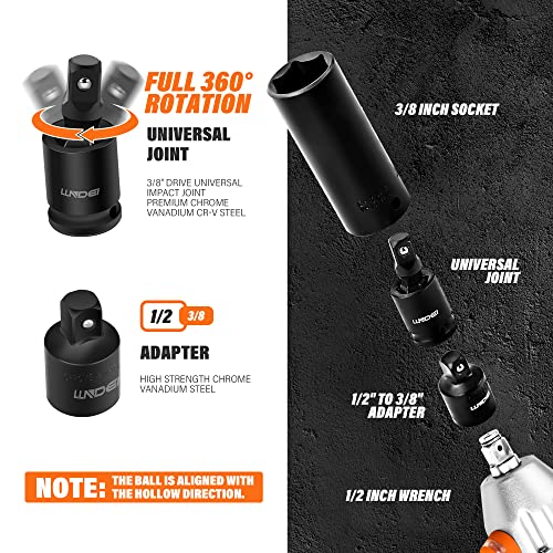 LLNDEI 3/8" Drive Impact Socket Set SAE and Metric (5/16"- 3/4", 8-22mm) 48pcs, CR-V Steel, 6 Point Sockets, Extension Bar (3-in, 6-in), 1/2"F to 3/8"M Reducer Universal Joint - size: 3/8" Socket Set