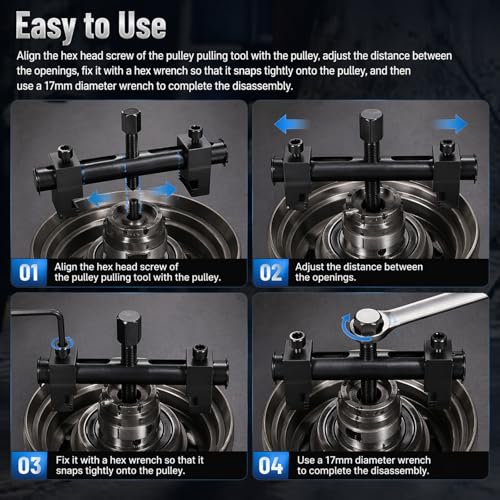 Pulley Puller Tool & 17mm Hex Wrench,High Strength Crankshaft Pulley Removal Tool Fits 40-160mm Pulleys,Universal Crank Pulleys Removal Tools for Crankshafts & Water Pumps