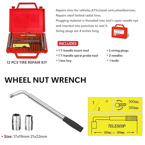 Red Hydraulic Trolley Service/2-Ton Floor Jack with 3T Jack Stands&Tire Repair Kit for Garages, Automotive, Heavy Duty Steel Racing Floor Jack with Single Piston Quick Lift Pump, Range 3.3"-15.2" - color: Red&Black-2T-Single Pump-1