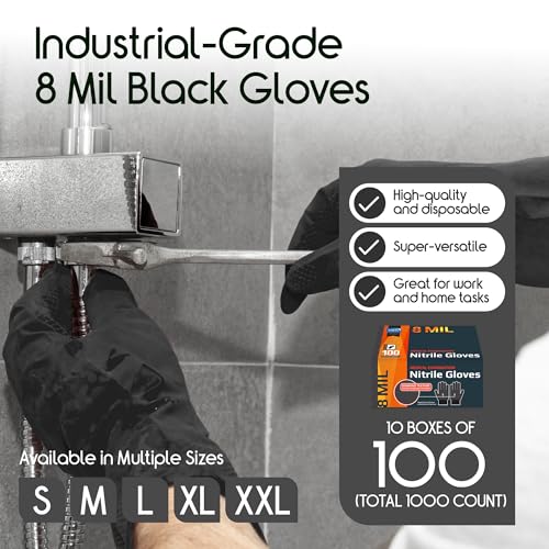 Inspire 6 or 8 Mil HEAVY DUTY Stretch Nitrile Black Gloves Disposable Latex Free - color: Black 8 Mil, size: Medium